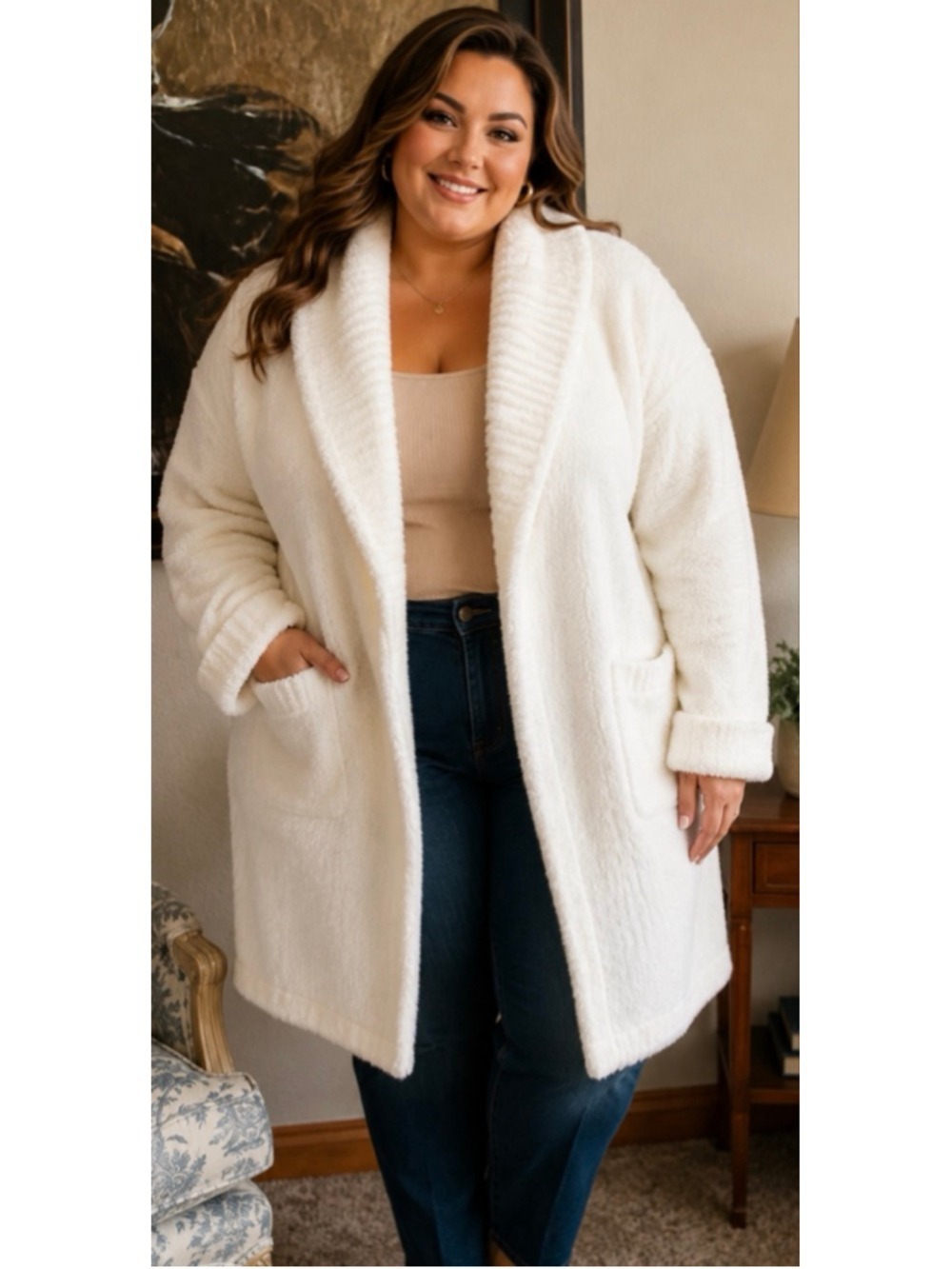 NWT Barefoot Dreams White CozyChic Lite Shawl Collar Cardigan 3X